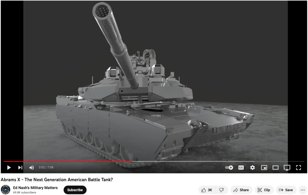 Image of a YouTube video screen with an Abrams X tank on the screen, from Ed Nash's Military Matters YouTube channel